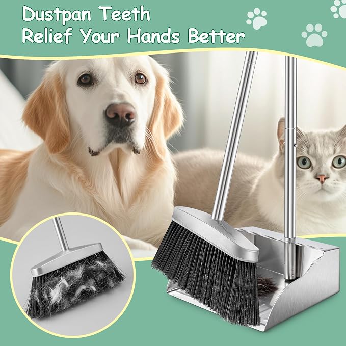 Dustpan with Broom Set,Long Handle Stainless Steel Dustpan and Broom Combo | Heavy Duty Metal Standing Dust Pan with Teeth & Soft Bristles Broom,Indoor Outdoor Dust Pan Broom for Home Office Lobby Floor