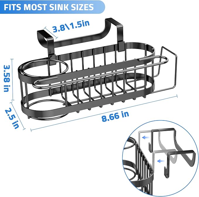 Cisily Kitchen Sink Caddy Sponge Holder in The Sink, Stainless Steel Kitchen Sink Organizer, Brush Holder, Dish Cloth Hanger, Sink Stopper Holder (Hanging-Black)