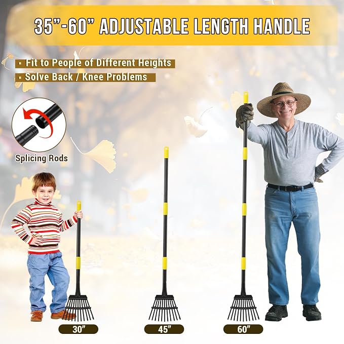 Leaf Rake, Small Rake for Leaves with 30"-60" Adjustable Long Handle, 11 Tines 8.5" Wide, Metal Rakes Heavy Duty for Lawns, Gardening, Yard, Camping, Shrub, Grass, Bush, Weed, Debris
