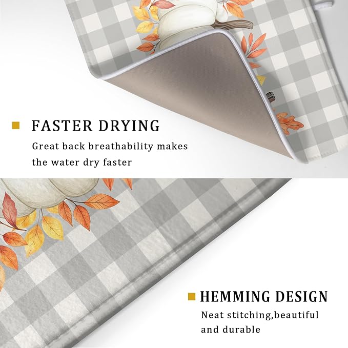 Fall Dish Drying Mat for Kitchen Counter Autumn Orange White Pumpkins Festival Microfiber Absorbent Dish Draining Reusable Washable Foldable Extra Large 18"x24"