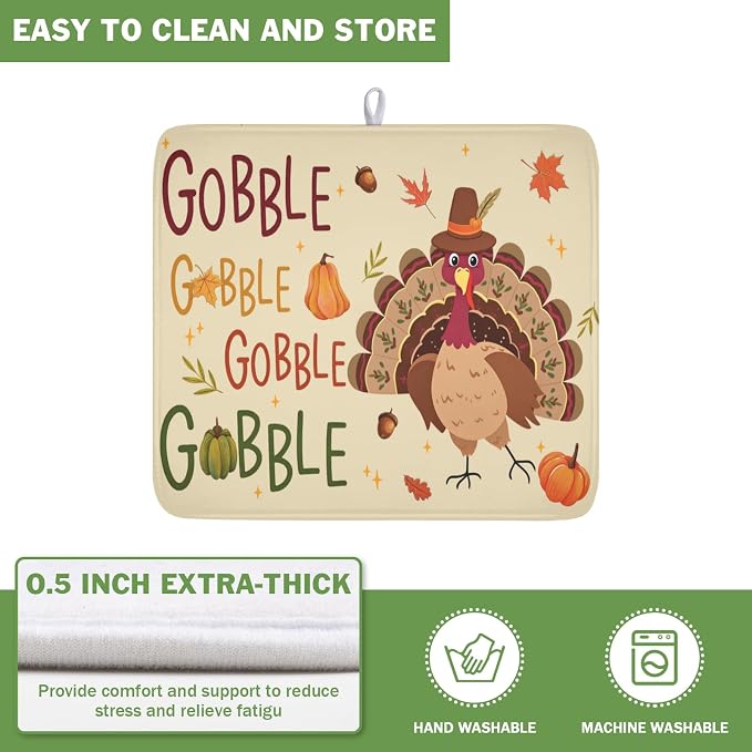 Thanksgiving Turkey Dish Drying Mat for Kitchen Counter 16x18 Inch Pumpkin Dish Drainer Mat Absorbent Microfiber Gobble Dish Rack Pad for Fall Holiday Coffee Dining Bar Decor