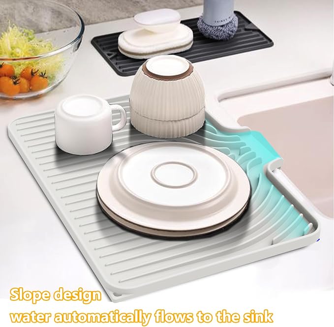 Dish Drying Mat for Kitchen Counter, 18"x12" Dish Drying Rack(white) | Various Sizes & Colors,Steep-Slope Built in Drain,High-fin Ventilation,Food-grade Silicone,500F heat resistant,for Flat sinks