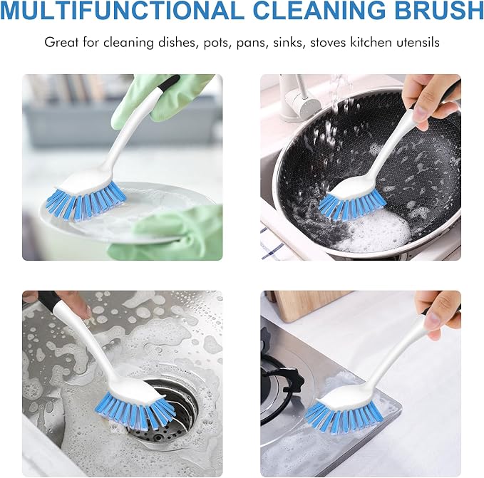 SetSail Dish Brush with Handle, 3 Pack Stiff Bristles Dish Scrubber with Built-in Scraper Dish Scrub Brushes for Cleaning Dishes, Pots and Pans, Kitchen Sink, 3 Pack, Black Blue