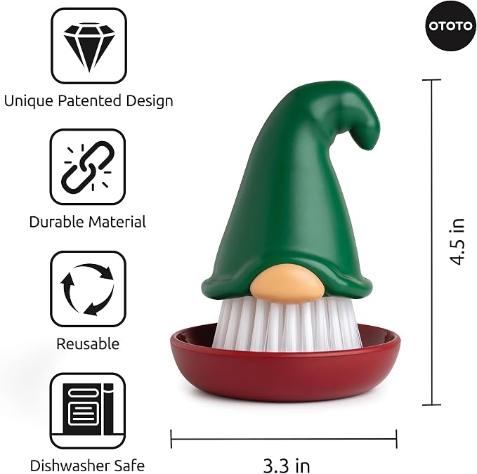 New! Beardy Gnome Dish Brush by Ototo - Gnomes, Quirky Gifts, Cute Kitchen Accessories, Funny Kitchen Gadgets, Vegetable Brush, Cute and Useful Gifts for Women (Green)