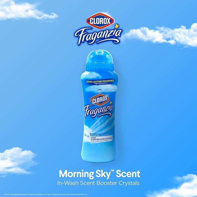Clorox Fraganzia Laundry Scent Booster Crystals, In-Wash Fragrance Beads for Fresh-Smelling Clothes & Linens, Safe for All Fabrics & Colors, Easy-Pour Bottle, Morning Sky Scent, 18 Oz, 2 Pack