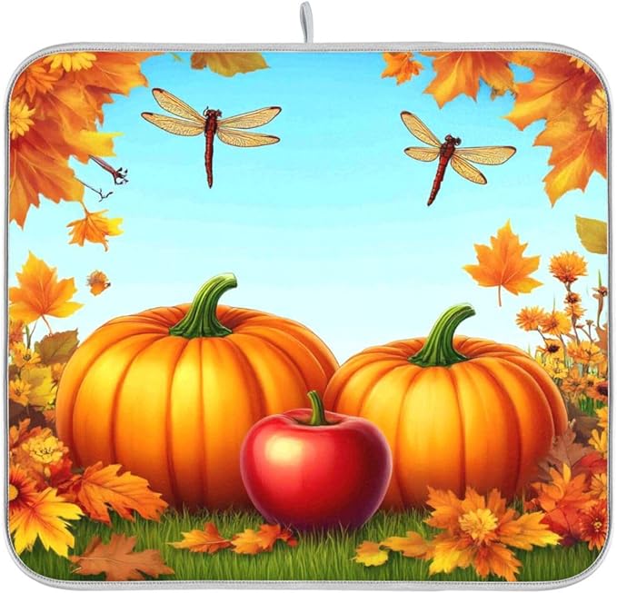 Autumn Thanksgiving Day Pumpkins Maple Dish Drying Mat for Kitchen Counter 18 x 24 Inch Flowers Dragonfly Leaves Dry Dishes Pads Mats Absorbent Countertops Counter Tableware Mat Protector Home Decor