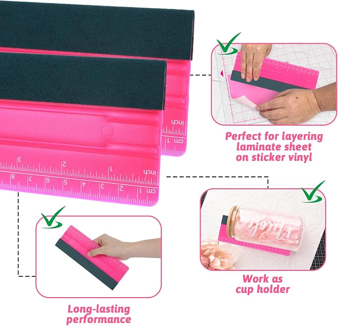 Wallpaper Smoothing Tool, Professional Vinyl Squeegee with Ruler | Felt Squeegee for Vinyl Decals Sticker Paper Wallpaper Window Film Tools (Pink, 8inch)
