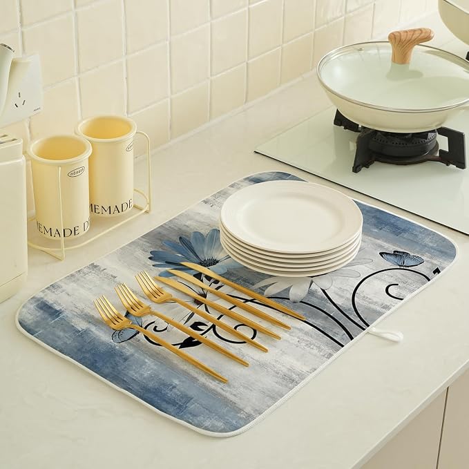 Rustic Daisy Floral Dish Drying Mats 18x24 Inches for Vintage Flower Blue Kitchen Drying Mats Seasonal Outdoor Decorations Absorbent Drying Dish Mats for Kitchen Dining Room Counter Decor