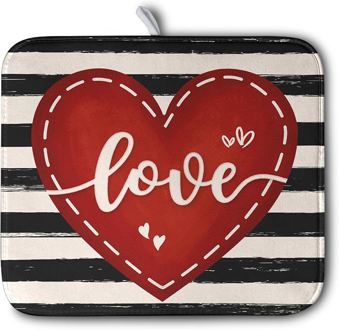 Valentine's Day Dish Drying Mat for Kitchen Counter 16x18 Black White Stripes Red Love Heart Dishes Drainer Mats Absorbent Dish Pad Large Dish Draining Mat for Coffee Bar