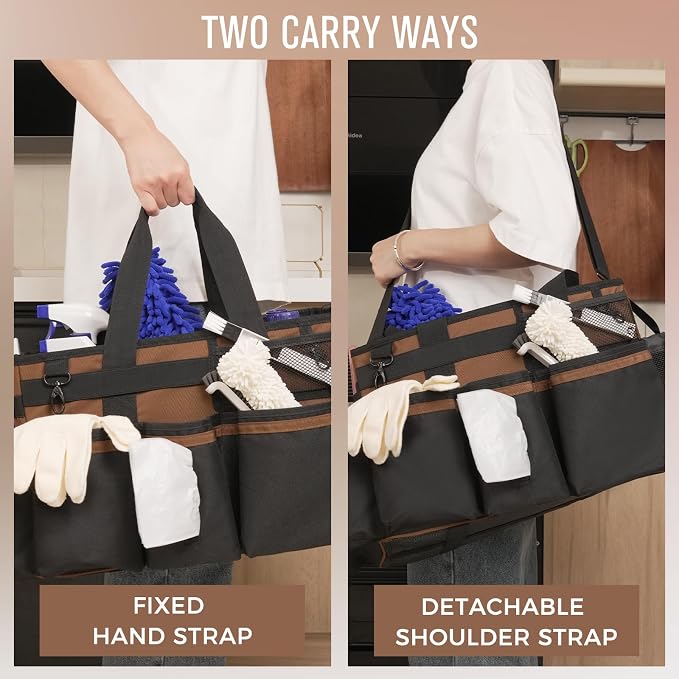SCAVATA Wearable Cleaning Caddy, Cleaning Caddy Supplies Organizer with Handle & Shoulder Straps for Housekeepers, Under Sink & Car Cleaning Tool Organizers Bag with 4 Foldable Divider (Brown)