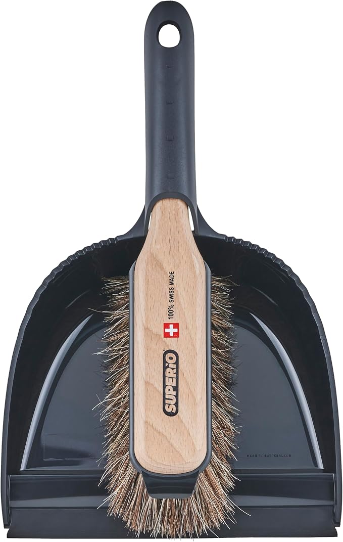 Superio Handheld Comfort Grip Dustpan and Brush Set - Hand Broom with Swiss Natural Horsehair Bristles.