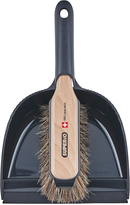 Superio Handheld Comfort Grip Dustpan and Brush Set - Hand Broom with Swiss Natural Horsehair Bristles.