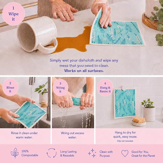 Harps&Seb Swedish Dishcloths for Kitchen Dish Towels - 5 Pack, Non-Scratch Reusable Paper Towels, Super Absorbent Washable Swedish Dish Cloths, No Odor, Biodegradable, Flower Designs