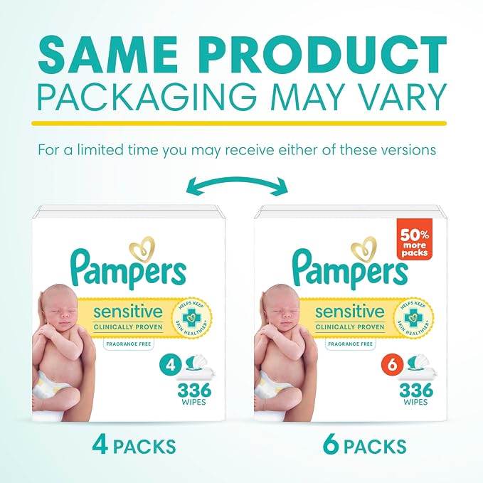Pampers Sensitive Baby Wipes, Clinically Proven, Fragrance Free, Unscented, Water Based, Hypoallergenic, Multi-Use, Hand Wipes 336 Wipes Total (6X Flip-Top Packs) [Packaging May Vary]