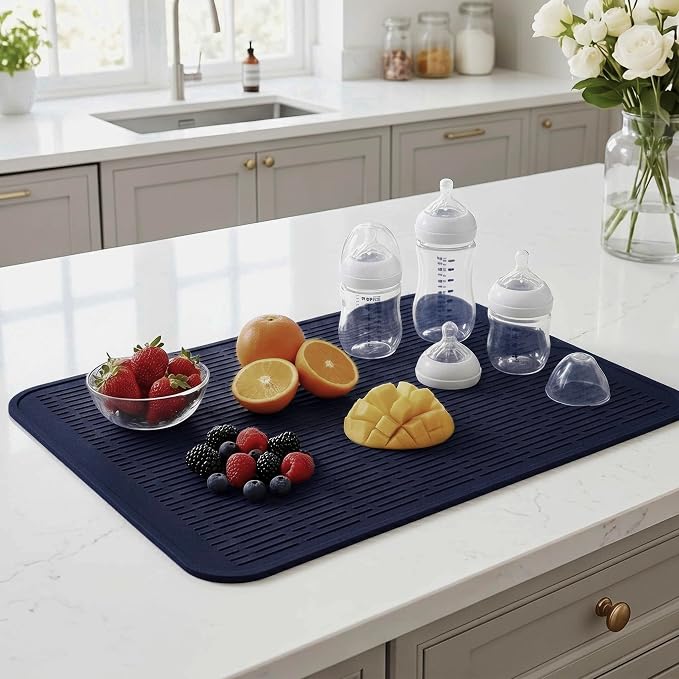 MicoYang Silicone Dish Drying Mat for Multiple Usage,Easy clean,Eco-friendly,Heat-resistant Silicone Mat for Kitchen Counter or Sink,Refrigerator or Drawer Liner Navy Blue 3XL 28 inches x 18 inches