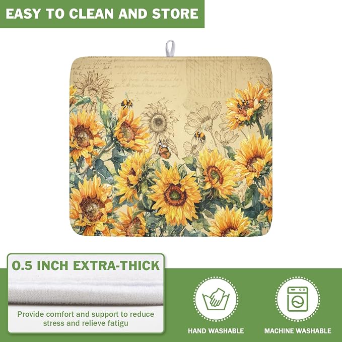 Sunflower Dish Drying Mat for Kitchen Counter Vintage Yellow Sunflowers Microfiber Dish Drainer Mat Spring Summer Watercolor Floral Absorbent Washable Drying Pad Extra Large 16"x18"