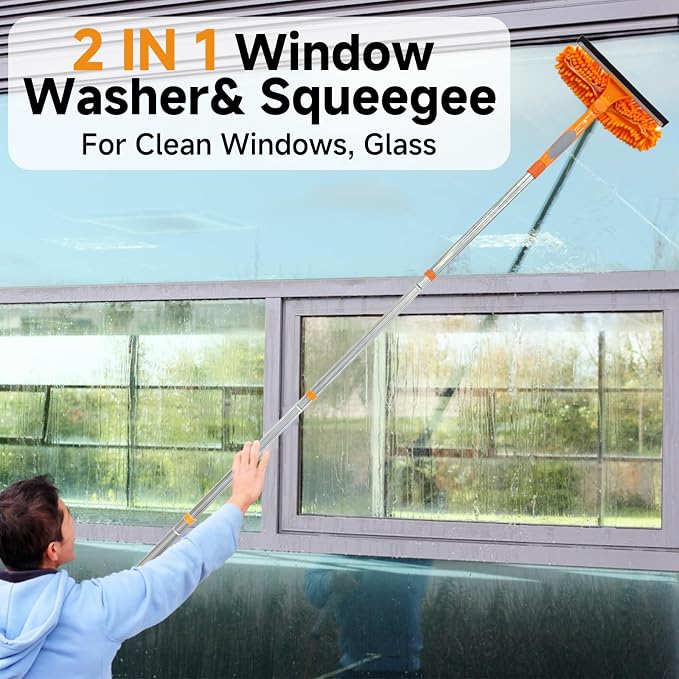 2 in 1 Window Squeegee Cleaner Kit Extension Pole, 67 in, Orange | Window Washing Equipment with Bendable Head for Indoor & Outdoor High Windows and Car Glass