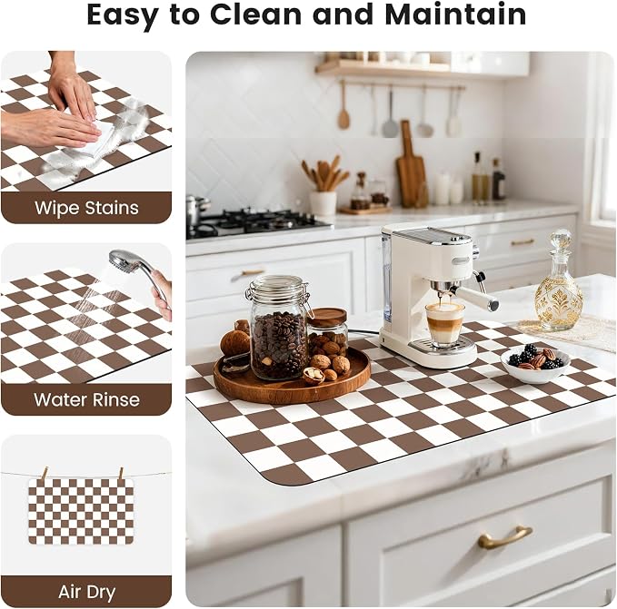 Checkered Dish Mat for Kitchen Coffee Station, 17" x 32"Coffee Brown | Quick Drying & Absorbent Mat for Coffee Bar Espresso Machine Countertops Accessories