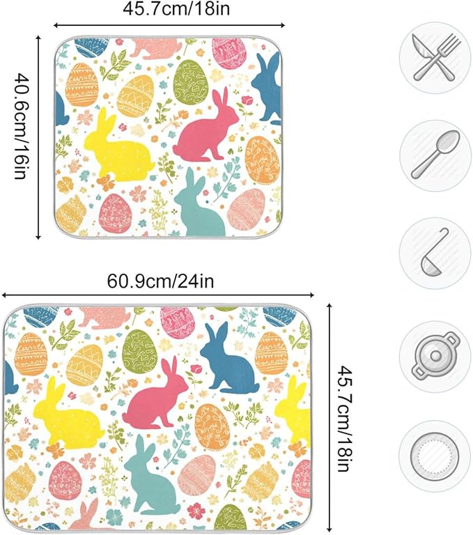 Flowers Eggs Bunny Easter Dish Drying Mat 18 X 24 Inches Spring Rose Leaves Peeps Rabbits Dry Dishes Pads Mats for Kitchen Tableware Protector Countertops Counter Home Decorations
