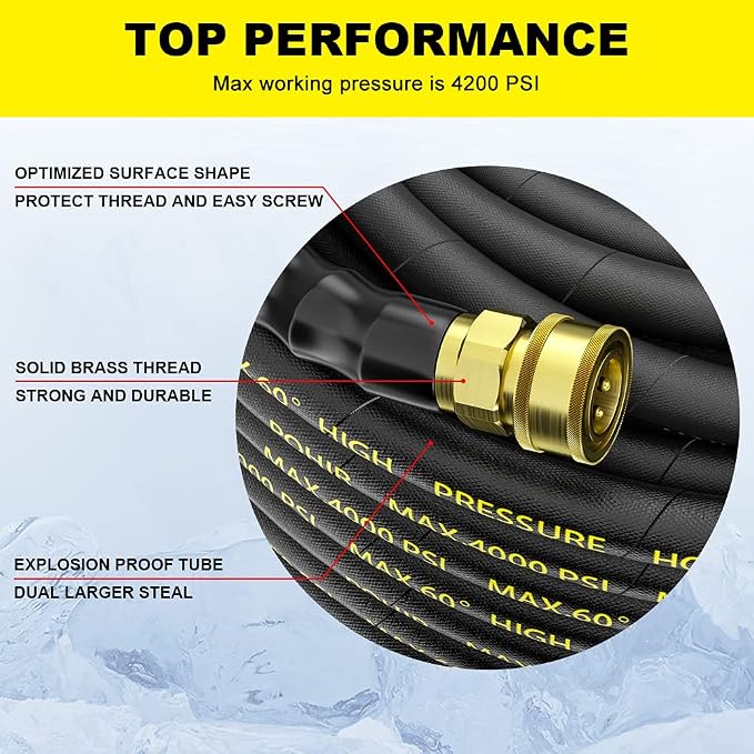 Power Washer Hose 100FT with 3/8'' Quick Connect, High Tensile Wire Braided Car Wash Water Hose with 2 Quick Connect Kits Compatible M22 14 mm, 1/4 Inch Hose for Pressure Washer, 4200 PSI | 2pcs 3/8'' QC to M22 14mm Adapters, 4200PSI Steel Wire Power W...