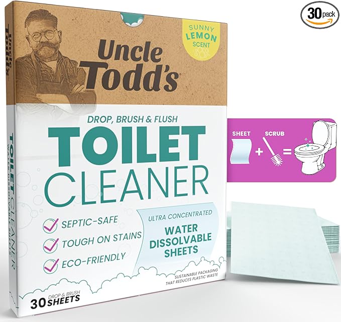 Uncle Todd's Toilet Cleaner Sheets - 100% Dissolvable, Plastic-Free Packaging, Drop, Brush, & Flush - 30 Sheets