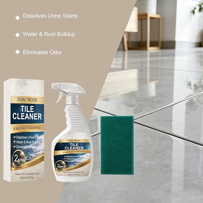 Grout & Tile Cleaner Spray 10.14 fl.oz with Sponge, Foam | Acidic foam spray for ceramic and porcelain tile grout, helps clean hard water and rust stains, includes sponge, dual nozzle