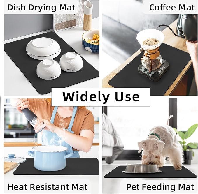 LOPNUR Kitchen Dish Drying Mat, 24"x16" Large Dish Drying Mats for Kitchen Counter, Diatomite Coffee Mat, Super Absorbent Dish Drying Pad, Heat Resistant Mat with Anti-slip Rubber Backed, Black