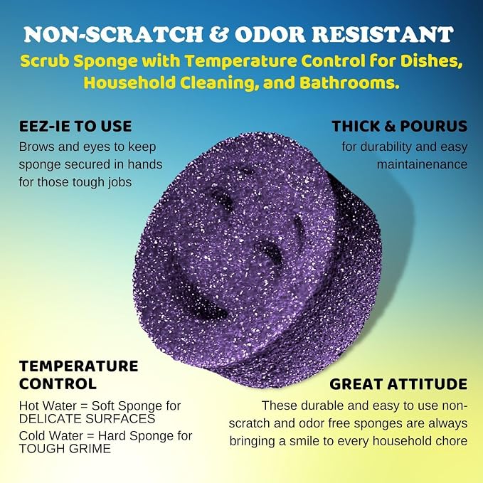The Original Scrub Moji Scrubbing Sponge by Smilyeez (Set of 3) - Purple - Temperature-Responsive Polymer Foam, Stain and Odor Resistant, Ideal for Kitchen and Bathroom Cleaning