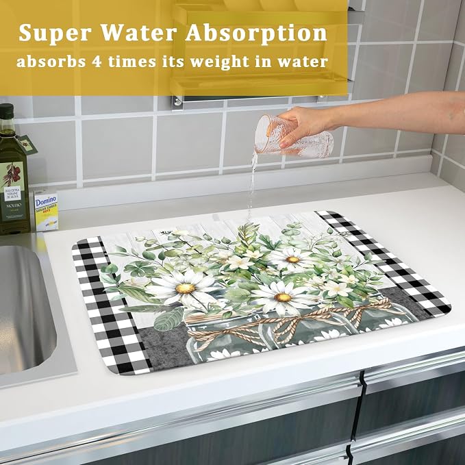 Daisy Floral Dish Drying Mat for Kitchen Counter Watercolor Flowers Absorbent Dishes Drainer Rack Mat 18x24 Inch Microfiber Dish Drying Pads Spring Kitchen Drying Dishes Pad Countertops