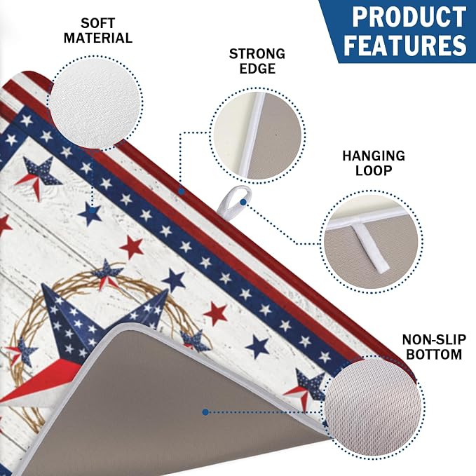 4th of July Patriotic Dish Drying Mat for Kitchen Counter Vintage Red and Blue Star Microfiber Dish Drainer Mat Country Absorbent Washable Drying Pad Extra Large 18"x24"