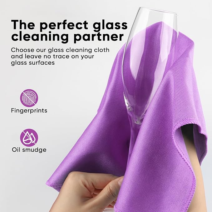 HOMEXCEL Microfiber Glass Cleaning Cloths 6 PK, Lint Free Streak Free, Reusable Microfiber Magic Cleaning Cloth for Windows, Glasses, Mirrors, Screens, Stainless Steel, and More Purple-14×16"