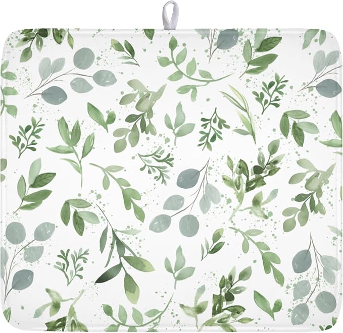 Spring Summer Sage Green Leaves Dish Drying Mat 16x18 Inch | Eucalyptus Leaf，Polyester，Absorbent Microfiber，for Kitchen Coffee Dining Bar Decor