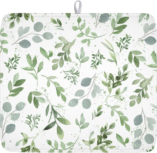 Spring Summer Sage Green Leaves Dish Drying Mat 16x18 Inch | Eucalyptus Leaf，Polyester，Absorbent Microfiber，for Kitchen Coffee Dining Bar Decor