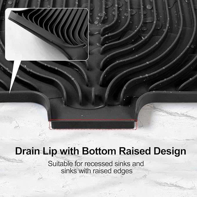 Dish Drying Mat for Kitchen Counter, with Built-in Drain Lip, Food-Grade Silicone, Easy Clean Pad for Countertop Protection, Multi-Functional Use (18 x12 Raised Sink, Black)