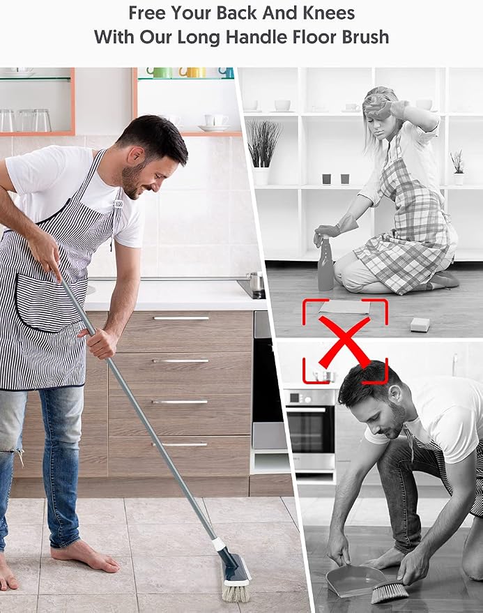 Floor Scrubber with Long Handle, 2 in 1 Scrubbing Brush Stiff Bristle Shower Cleaning Brush for Bathroom, Kitchen, Tub, Carpet, Grout, Tile(Gray)