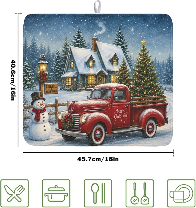 Merry Christmas Dish Drying Mat for Kitchen Counter 16x18 Inch Snowman Truck Dish Drainer Mat Absorbent Microfiber Winter Snowflake Dish Rack Pad for Coffee Dining Bar Decor