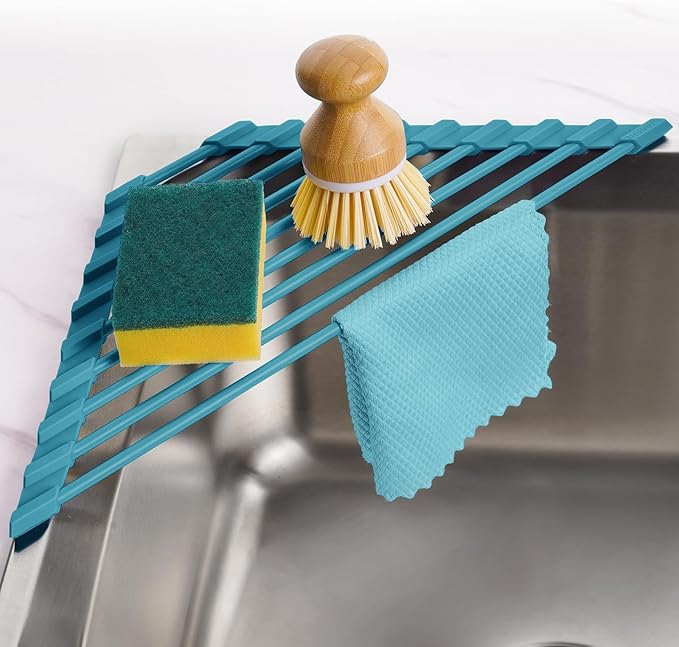 Tomorotec Compact Silicone-Coated Triangle Dish Drying Rack for Sink Corner - Foldable Stainless Steel Over-The-Sink Organizer and Storage Shelf (Dark Green)