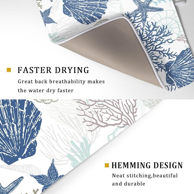 Summer Navy Blue Coral Beach Starfish Dish Drying Mat 18×24 Inch | Polyester，Absorbent Microfiber，for Kitchen Coffee Dining Bar Decor