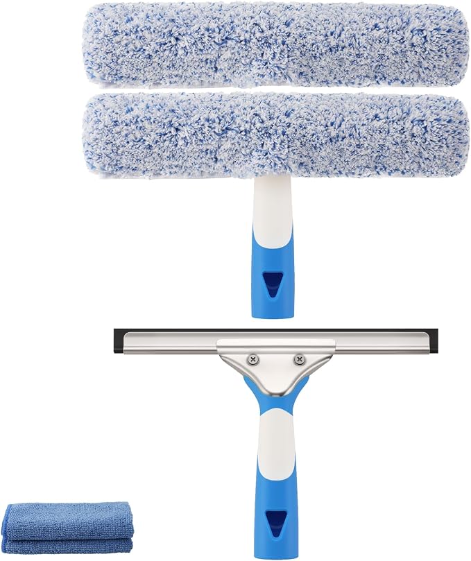 Mitclear Window Cleaning Kit 10IN Squeegee & Scrubber for Shower Glass Car | Professional Windows Cleaner Tool Glass Washing Equipment - Silicone Squeegee & Microfiber Scrubber for Mirror Windshield
