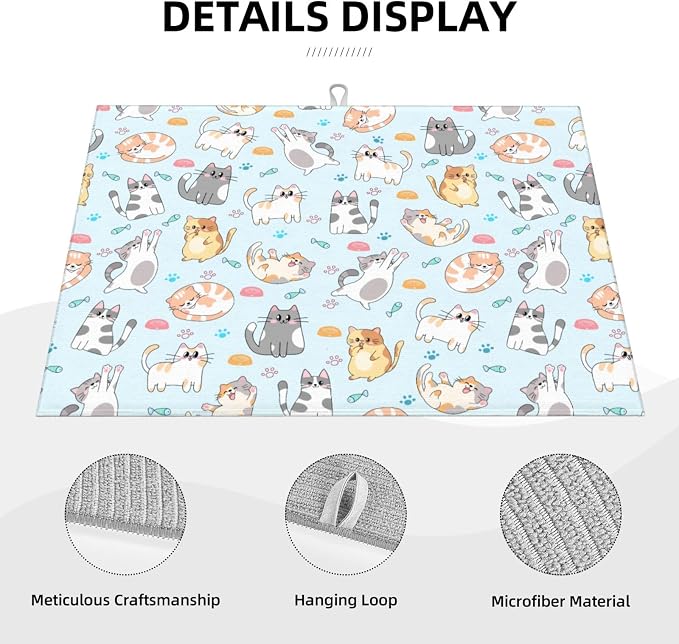 Cute Cat Dish Drying Mat for Kitchen Counter Cute Kitchen Dish Mat Microfiber Kitchen Countertop Absorbent Reversible Drainer Rack Pad