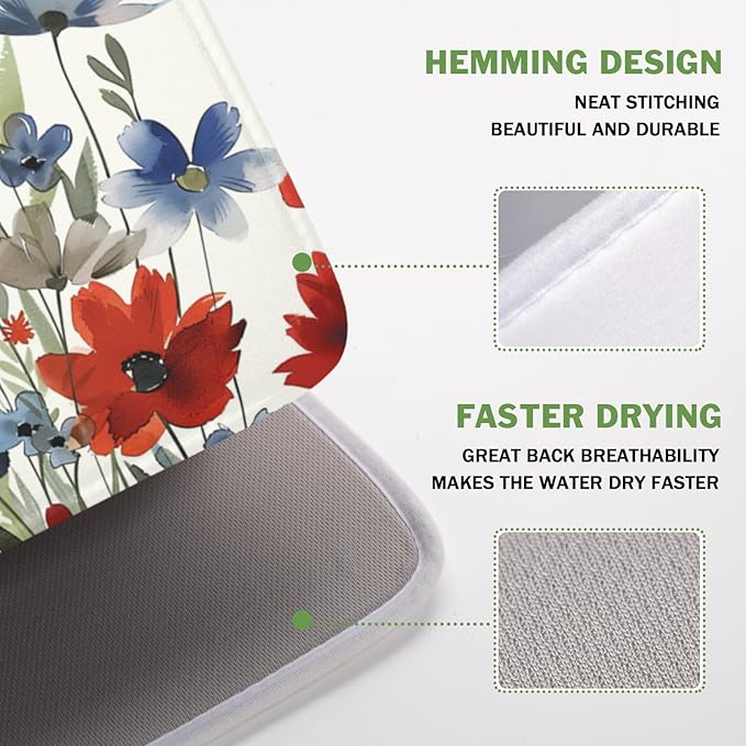 4th of July Floral Dish Drying Mat for Kitchen Counter 16 x 18 Inch Patriotic Dish Drainer Mat Absorbent Microfiber Independece Day Dish Rack Pad for Coffee Dining Bar Decor
