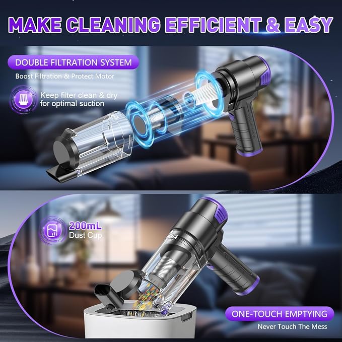 KMM Handheld Car Vacuum Cleaner, 16000PA Hand Held Vacuum & Air Duster | Strong Suction, Portable, Cordless, 120W High Power Rechargeable, Multi-Nozzles & LED Liht, for Home, Car, Office