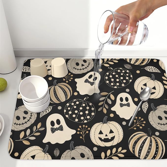 Halloween Dish Drying Mat for Kitchen Counter 18 x 24 Inch Pumpkin Ghost Dish Drainer Mat Absorbent Microfiber Autumn Leaves Dish Rack Pad for Coffee Dining Bar Decor