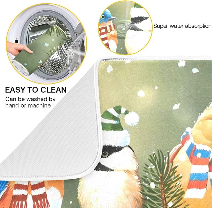 Absorbent Dish Drying Mat for Kitchen Counter - Christmas Birds Snow Microfiber Drying Pad, Reversible Drainer Mats for Countertop, Large 18" x 24"