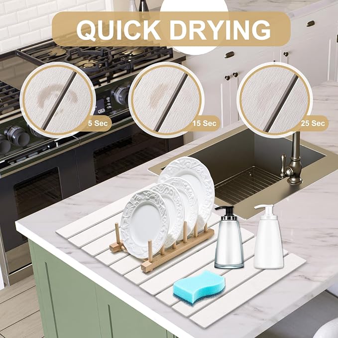 cuomaop Stone Dish Drying Mat for Kitchen Counter, 23x15.3 Inch Large Fast-Absorbing Diatomaceous Earth Drying Pad, Quick Dry Foldable Stone Dish Mats for Countertop Dishes, Bottles, Cups and Utensils