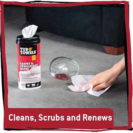Tub O' Towels Carpet & Upholstery Cleaning Wipes 4 Pack – 7 x 8 Pre-Moistened Multi Surface Fabric Cleaning Wipes, 40 Count for Carpet, Rugs & Furniture