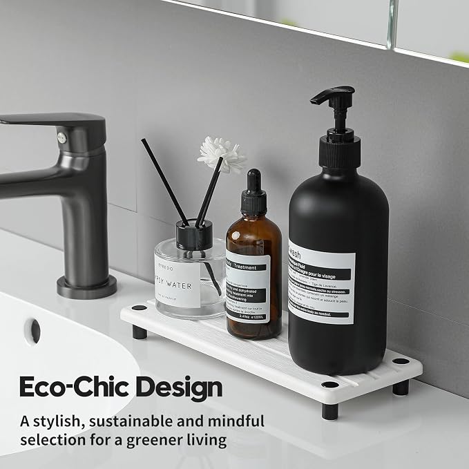Razborci Instant Dry Sink Caddy Kitchen Sink Organizer, Quick Drying Diatomaceous Earth Stone Sink Tray Sponge Holder Soap Dish, Bathroom Countertop Vanity Dispenser Toothbrush Bottle, White, 10" x 4"