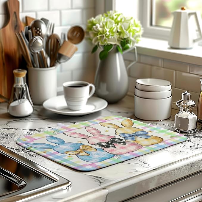 Easter Drying Mat for Kitchen Counter - 16x18 In, Multi-color (Buffalo Plaid), Microfiber & Composite Sponge, Cute Bunny Pattern, Absorbent Dish Drainer Mat