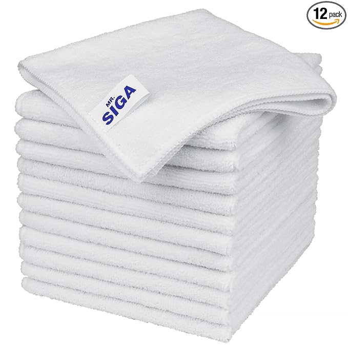 MR.SIGA Microfiber Cleaning Cloths, Streak Free Microfiber Towels, 12 Pack | All-purpose microfiber cloths, ultra absorbent, reusable household cleaning towels, White 32 x 32 cm(12.6 x 12.6 inch)