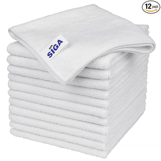 MR.SIGA Microfiber Cleaning Cloths, Streak Free Microfiber Towels, 12 Pack | All-purpose microfiber cloths, ultra absorbent, reusable household cleaning towels, White 32 x 32 cm(12.6 x 12.6 inch)